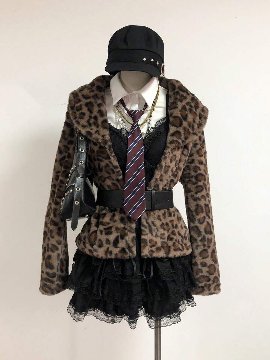 Elamini Áo khoác cardigan lông thỏ ve áo họa tiết da báo thu/đông mới dành cho nữ, phong cách cổ điển - màu nâu - Xem 1