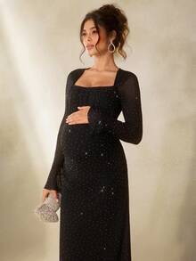Cheriluna Maternity Vestido de maternidad elegante con cuello cuadrado largo, unicolor y con strass para sesión de fotos - Negro - Ver 6