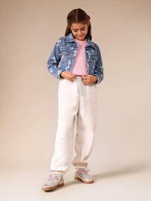 SUMWON Cropped Denim Jacket With Cross Print Pattern Button Front Closure For Spring Fall Casual Outerwear - Dark Wash - View 2