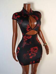 SHEIN PETITE Fashionable Sexy Dragon Print Hollow Front Mini Dress - Black - View 5
