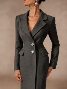 Modelyn 女士优雅简约日常通勤设计金属纽扣和水钻纽扣长腰收腰合身肩部开衩大衣，深灰色，秋冬 - 深灰色 - 查看 5