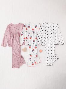 6pcs/Set Young Girl Young Girls Autumn/Winter Long Sleeve Pajama Set, Cute Printed Knit Sleepwear & Loungewear - Multicolor - View 2
