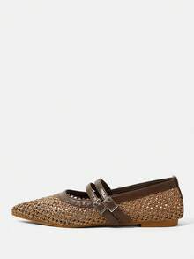 Styleloop Sepatu Kasual Wanita Ujung Lancip, Bahan Tenun Datar, Cokelat Kopi, Nyaman untuk Sehari-hari, Pesta, Pantai, Desain Bertali - Coffee Brown - View 3