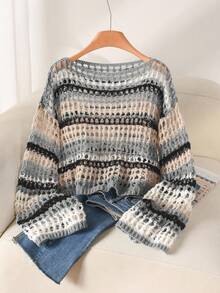 CosyJoli Plus Size Casual Blue & White Striped Hollow Out Boat Neck Loose Cropped Long Sleeve Sweater In Fall/Winter