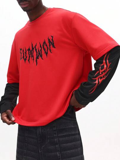 SUMWON Gothic Text Print Layered Long Sleeve Oversized Crew Neck Tee With Flame Graphics