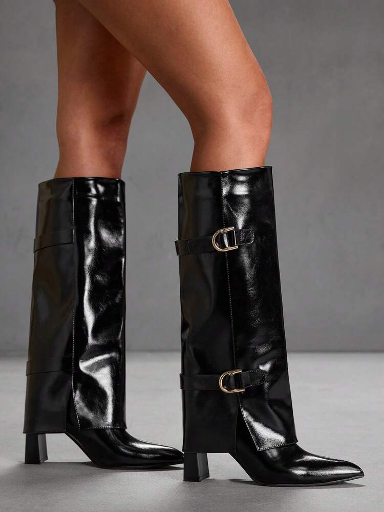 CUCCOO SZL Botas altas de charol negro con puntera puntiaguda y doble hebilla para mujer, de uso urbano