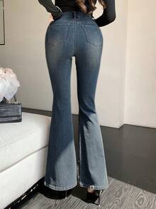 DAZY 女式水钻装饰喇叭牛仔裤，休闲牛仔裤 - 中等水洗藍 - 查看 4