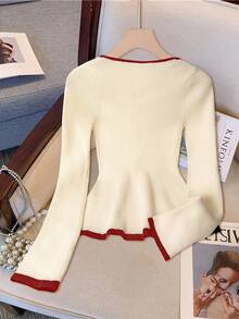 Franclia 法式优雅方领弹力修身长袖针织毛衣，撞色饰边可爱荷叶边套头衫，适合秋季返校日穿，荷叶边下摆针织上衣，适合秋冬 - 彩色 - 查看 2