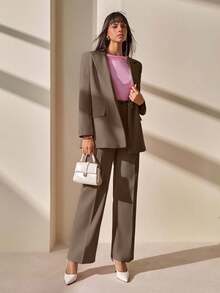 CLARA VERO Blazer With Single Button Closure And Flap Pockets, Paired With Matching High-Waist Trousers, Elegant Two Pieces Suit Set - Brown - View 5
