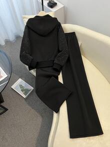 GlowEve Women's Fashion Casual Rhinestone Zipper Hoodie & Pants 2 Pieces Set, Zip-Up Loose Long Sleeve Jacket And Elastic Waist Straight Leg Sweatpants - Black - View 2
