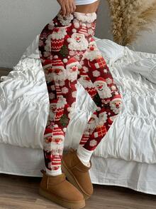 SHEIN EZwear 圣诞圣诞老人印花休闲针织紧身女式长款打底裤 - 彩色 - 查看 3