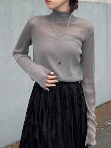 FRIFUL Women's Mesh Turtleneck Sheer Blouse, Summer Wear Long Sleeve Women