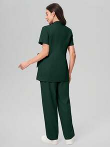 Scrubzie Anti-Wrinkle Short Sleeve Tie-Up Long Shirt And Long Pants Scrub Uniform Set - Dark Green - View 2
