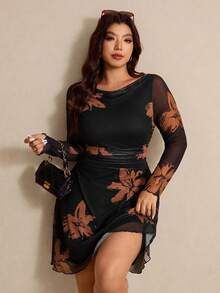 Elaquor Vestido de manga larga con estampado de bloques de color para mujer de talla grande - Negro - Ver 4