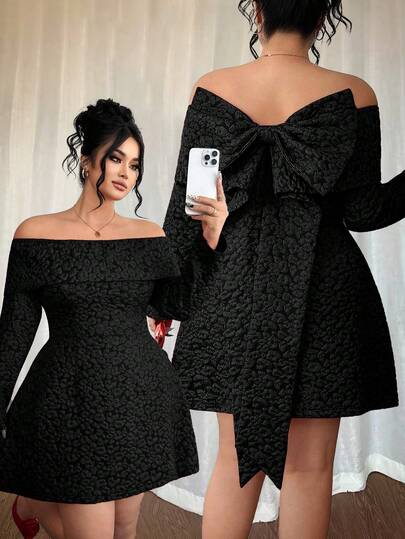 Elenzga Vestido corto de manga larga con hombros descubiertos, espalda descubierta y lazo, de estilo jacquard rojo navideño para mujer de talla grande