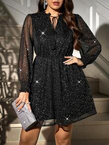 Gownix 大码女式常规肩长袖透视腰系带闪亮优雅连衣裙 - 黑色 - 查看 8