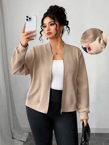 SHEIN Tall CURVE Plus Size Women Casual Stand Collar Zip-Up Jacket - Khaki - View 1