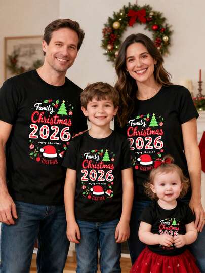 SHEIN LUNE 2026 年圣诞节新年印花家庭装休闲宽松圆领短袖女式 T 恤，适合派对、聚会、拍照，黑色