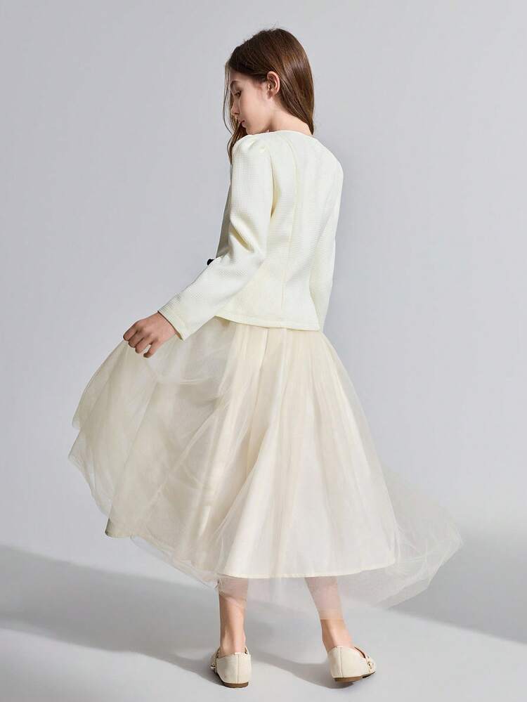 Tween Girl Elegant Mesh Skirt Suit