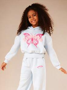 SUMWON Oversized Butterfly Print Matching Co-Ord Set Long Sleeve Hoodie Sweatpants For Tweens - Blue - View 3