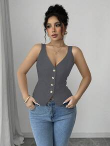 Elenzga Women's Solid Color Single-Breasted Slim Fit Camisole - Dark Grey - View 3