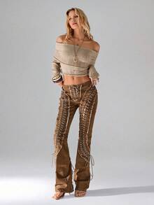 TRNVIE Quần Jeans Denim Dây Chéo Cổ Điển Cho Nữ - màu nâu - Xem 5