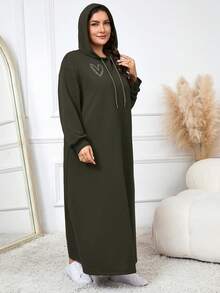 Modelyn Plus Size Drawstring Hooded Long Sleeve Casual Plain Modest Arabian Clothing Plus Size Winter Dress - Army Green - View 3