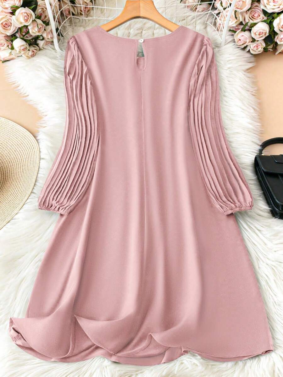 DreamSkyne Đầm chữ A dài tay xếp ly cổ tròn màu trơn cỡ lớn cho nữ, mùa thu - Bụi hồng - Xem 1