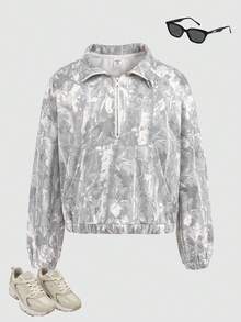 SHEIN Tween Girl 休闲街头时尚枯枝迷彩印花落肩拉链半开短款卫衣，适合秋冬季休闲日常穿着，Y2K - 灰色 - 查看 7