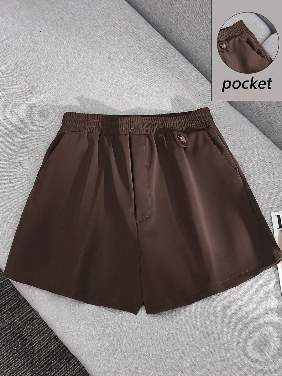 Franclia Plus Size Women PU Leather Shorts With Elastic Waist & Pockets,Elegant Chocolate Brown Summer Casual Leather Shorts,Smart Casual Vacation Shorts - Coffee Brown - View 1