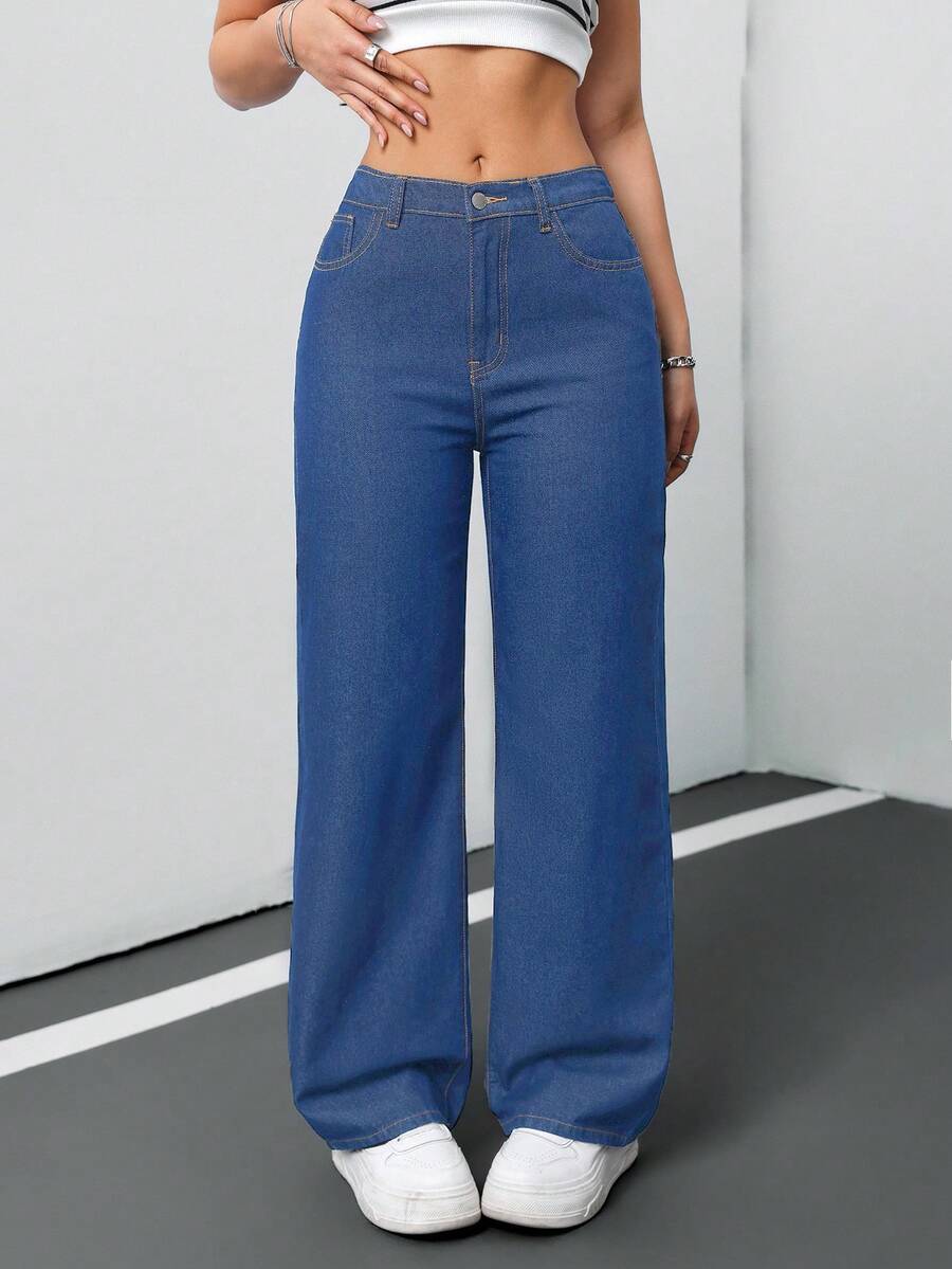 SHEIN Tall 女士牛仔裤休闲宽松直筒裤蓝色高腰女士牛仔裤牛仔裤女士低腰牛仔裤宽松牛仔裤 - 中等水洗藍 - 查看 1