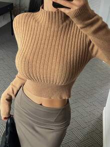 DAZY Sweater Pullover Kasual Wanita Model Turtleneck Pendek Pas Badan - Unta - View 5
