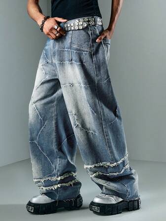 Street Life بنطلون جينز رجالي واسع الساق مرتاح مغسول ممزق