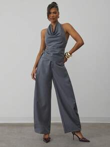 Hauture 女士休闲基本款日常和办公室秋冬仿羊毛围脖领露背上衣 - 灰色 - 查看 3