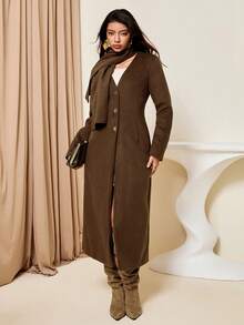 Lyxana Women's Mid-Length Overcoat With Large Buttons - Coffee Brown - View 5