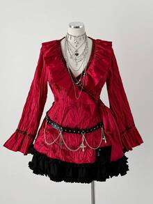 Sunspun Große Größen Satin Rüschen Saum Patchwork Langarm Hemd - Rot - Übersicht 3