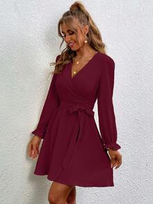 SHEIN Clasi Dried Rose Wrap-Style Romantic Sexy V-Neck Dress - Burgundy - View 7