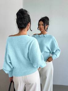 Selianne Women's Elegant Floral Rhinestone Decor Asymmetric Shoulder Solid Color Sweater - Baby Blue - View 2
