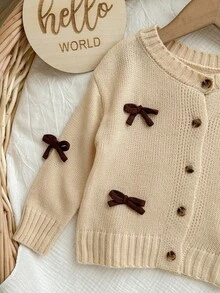 SHEIN Apricot Bowknot Cardigan, Cute & Versatile For Baby Girls, Autumn/Winter - Khaki - View 4