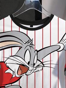 LOONEY TUNES X SHEIN Camiseta de manga corta de cuello redondo con estampado de rayas y conejo, de talla grande y estilo casual de verano - Blanco - Ver 5