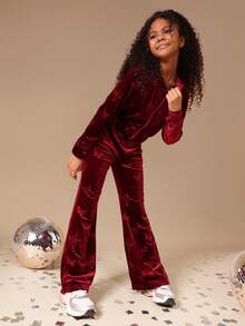 SUMWON Tween Girls Burgundy Velvet Butterfly Print Hoodie Sweatshirt Co-Ord Set Long Sleeve Zip Up Tracksuit Winter Fall