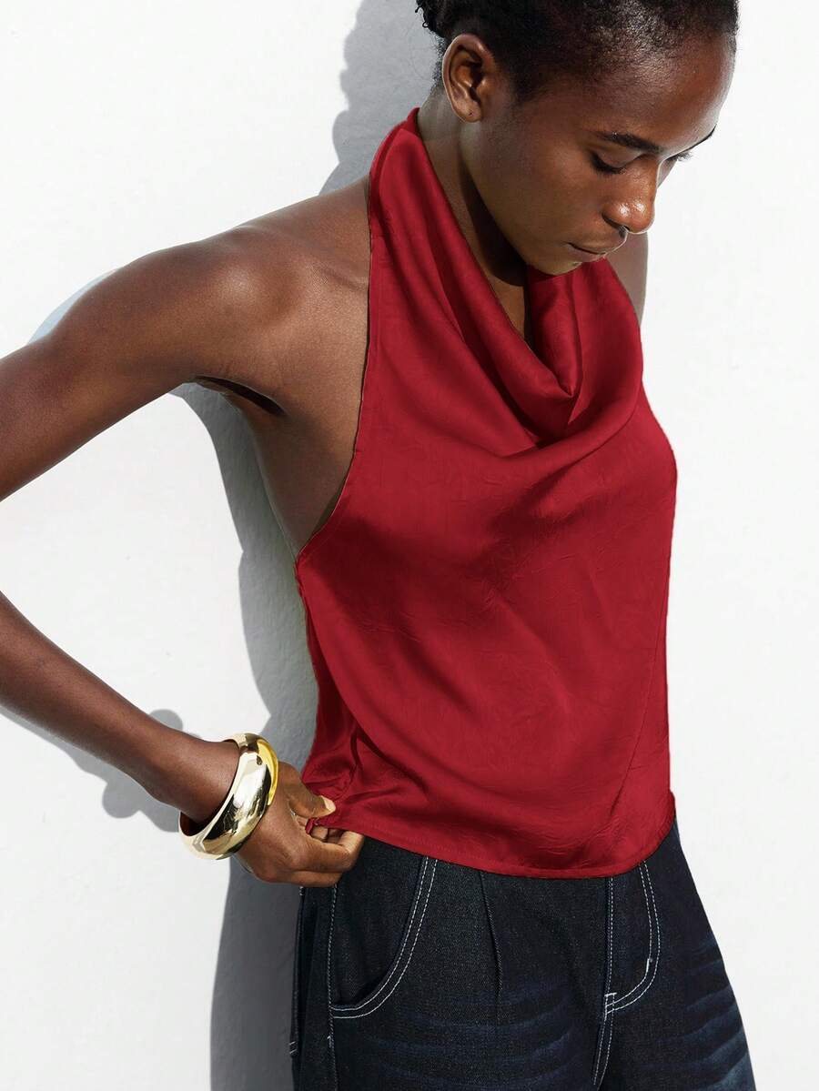 Maija Seksowny damski czerwony top z odkrytymi plecami i głębokim dekoltem, elegancki na dojazdy do pracy, do pracy, na Boże Narodzenie i Nowy Rok