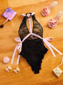 FairyFlirt Damen Kontrast-Farbige Schleife Spitze Patchwork Trägerjumpsuit - Schwarz - Übersicht 8