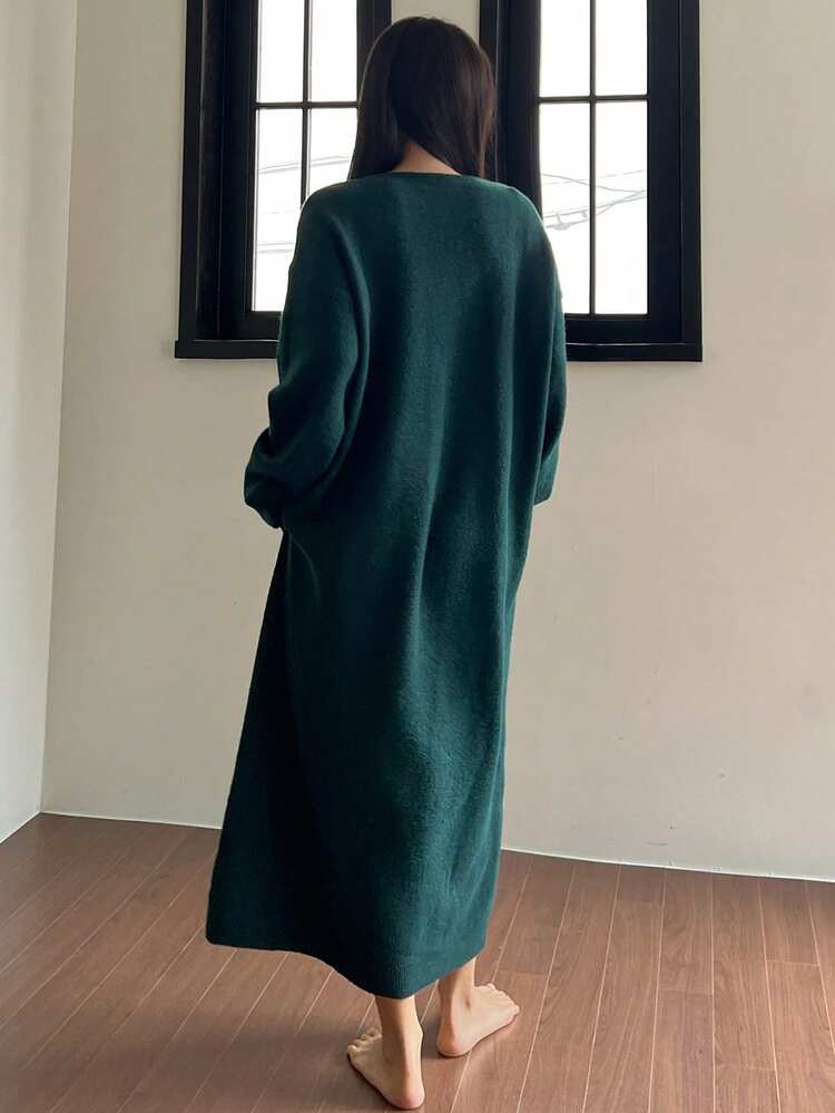 Women's Minimalist Solid Color V-Neck Loose Knit Long Dress Loungewear, Winter, Moo Moo Night Dress