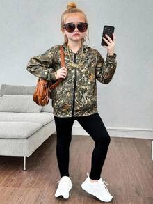 SHEIN Sudadera con capucha de manga larga, estilo callejero genial, uso diario, escuela, casual y lindo, a juego con mamá e hija o hermanas, con forro térmico de punto camuflado, para niña joven en otoño/invierno. - Verde militar - Ver 5