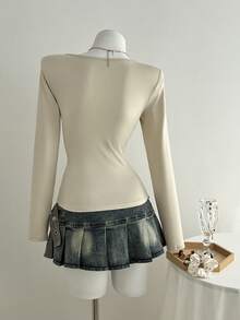 Elamini Áo thun cổ vuông tay dài phối ren tương phản thời trang thường ngày dành cho nữ, Thu/Đông - Màu Khaki - Xem 2