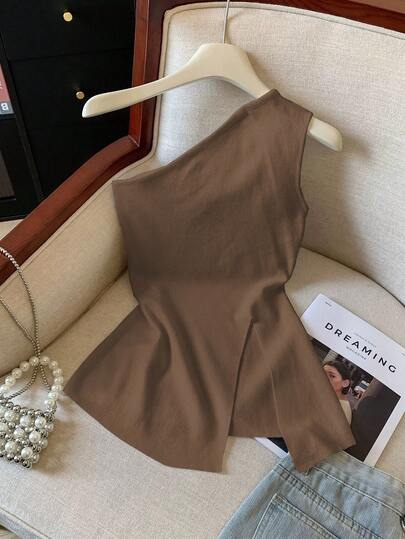 GlowEve Top corto sin mangas de unicolor con abertura lateral para mujer