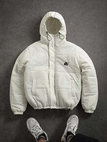 Manfinity Hypemode Men's Embroidered Design Long Sleeve Casual Drawstring Hooded Winter Jacket - White - View 1