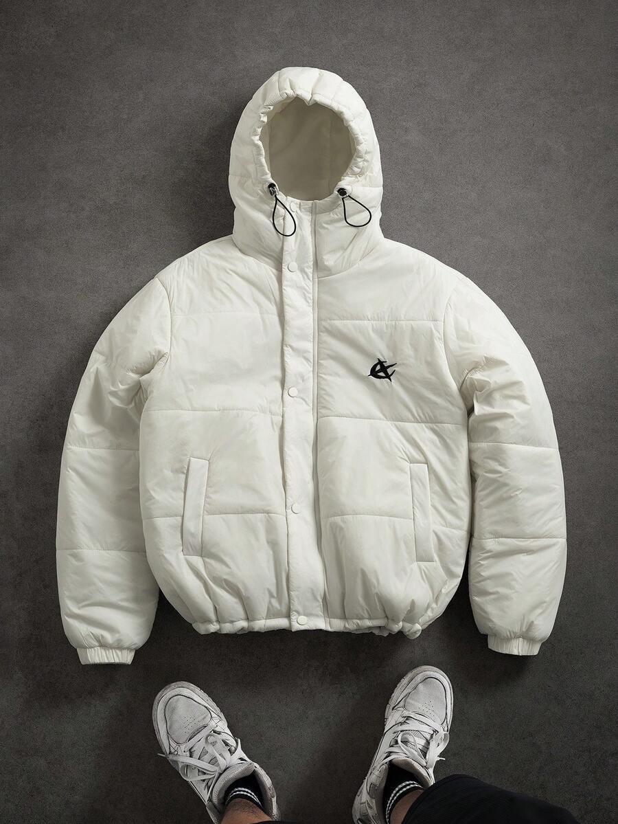 Manfinity Hypemode Men's Embroidered Design Long Sleeve Casual Drawstring Hooded Winter Jacket - White - View 1