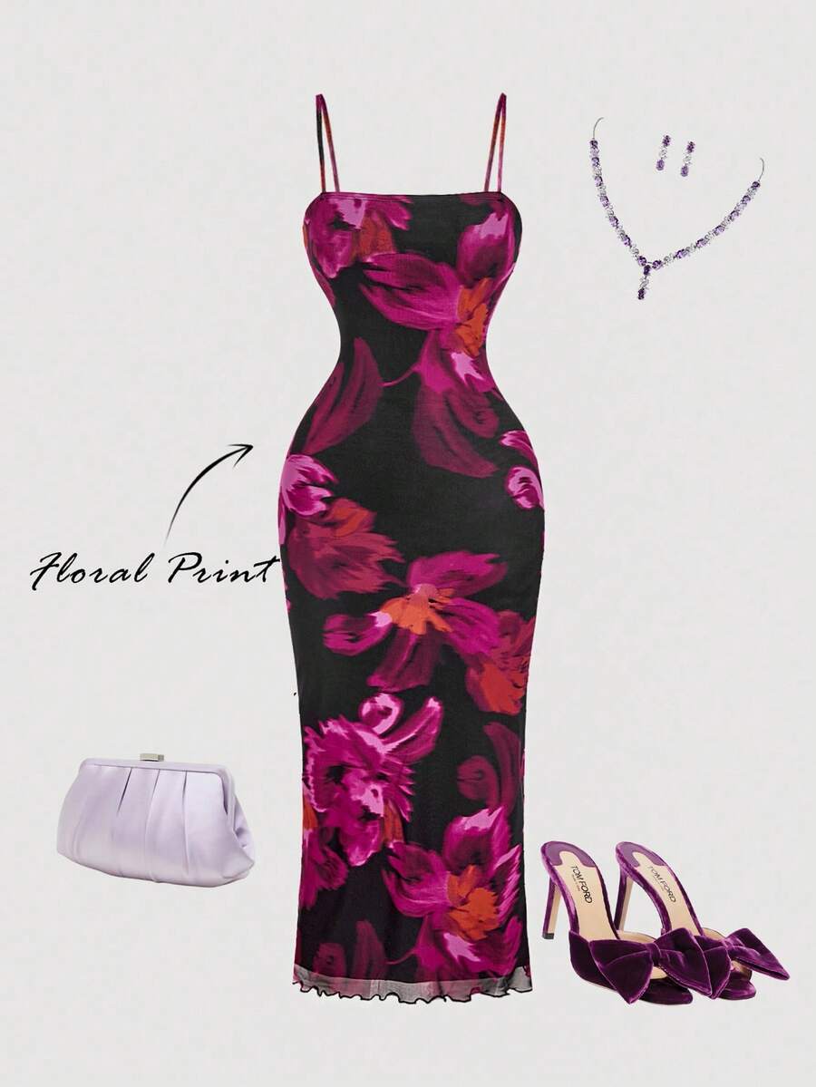 SHEIN MOD 女士优雅印花网纱吊带连衣裙，印花中长连衣裙，Vivid Eden连衣裙，女士秋季连衣裙，圣诞节服装，感恩节服装，派对连衣裙，夏季连衣裙，感恩节连衣裙，冬季连衣裙，派对连衣裙，圣诞节连衣裙，冬季服装，新年连衣裙，派对连衣裙，优雅连衣裙，毕业典礼，新年夜连衣裙 - 彩色 - 查看 1